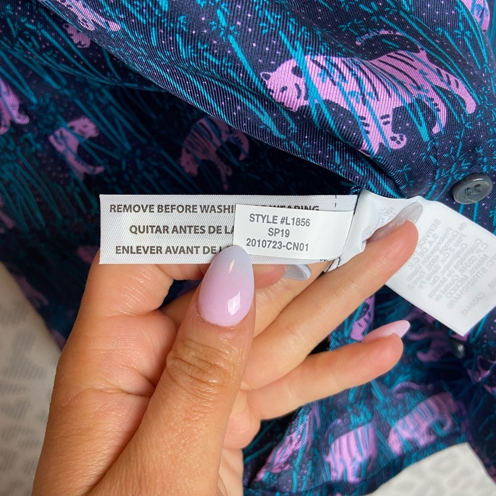 J. Crew Teal Button-Up Blouse with Pink Tiger Print - Picture 9 of 11